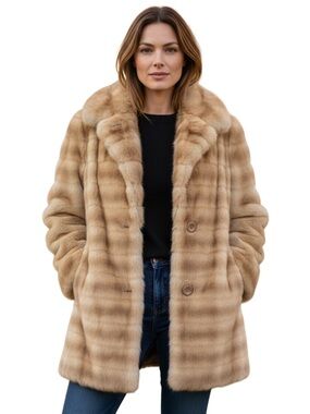 Lou Ritchie Vintage Beige Faux Fur Coat With Hood  Button Closure Mob wife large